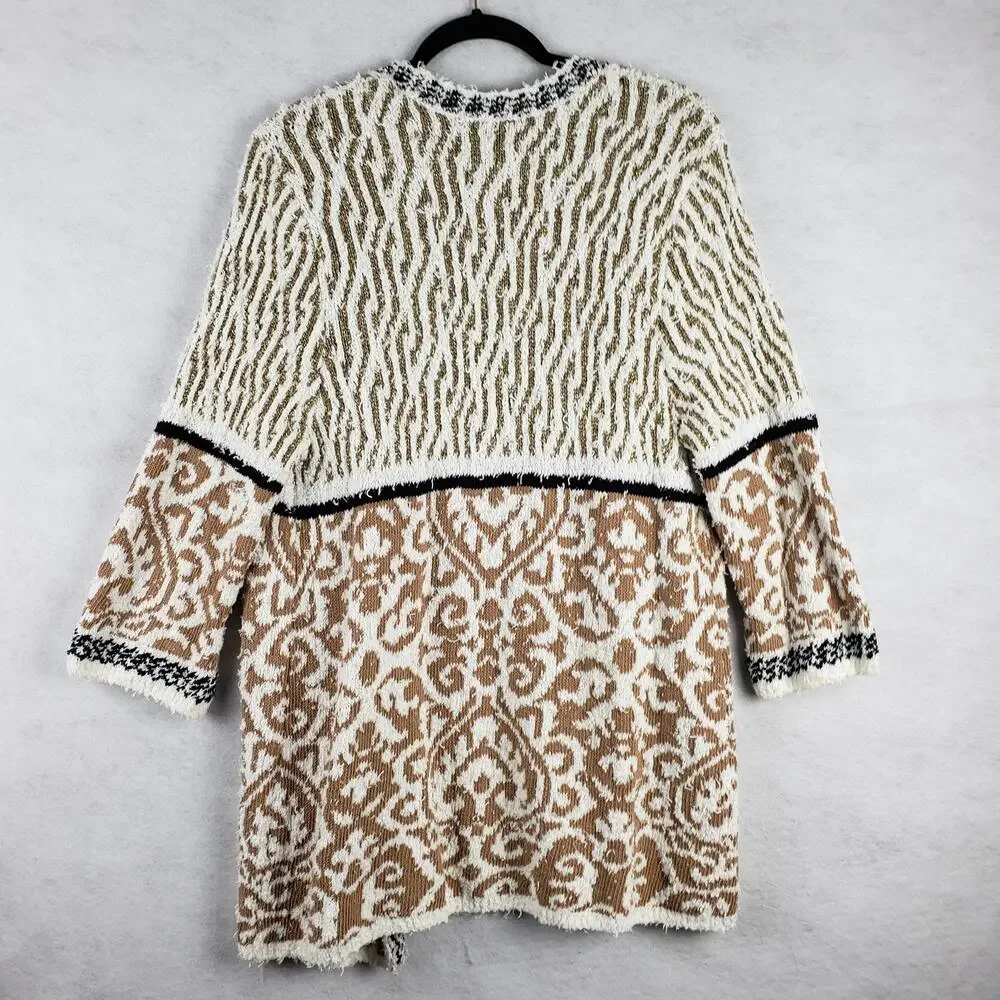 Chicos‎ Women's L Audrey Open Front Mixed Pattern Cardigan Fuzzy Neutral Cozy